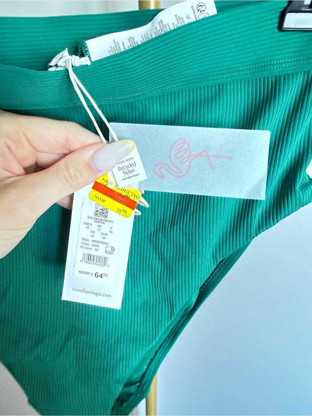 NWT MIMI Flamingo Ribbed High-Waist Bikini Bottom – Emerald Green, Size 10 - Picture 2 of 3